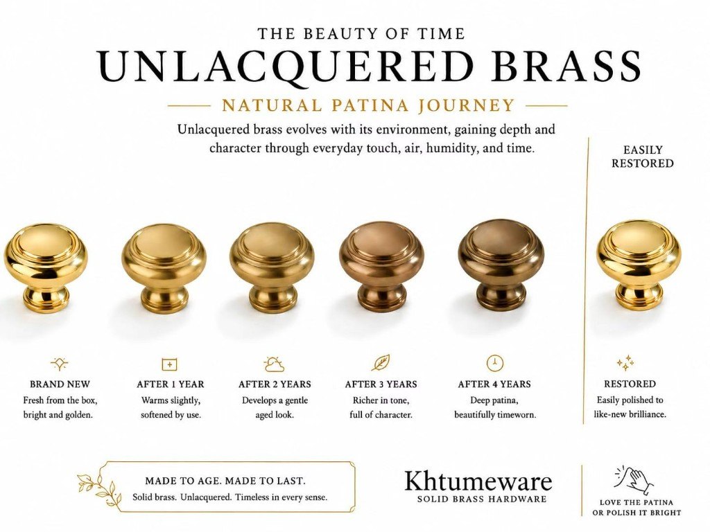 Unlacquered solid brass hardware developing a natural patina with use